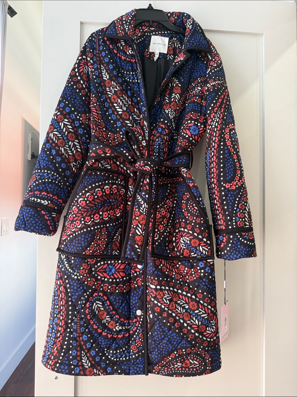 Avec Les Filles Boho Paisley Red & Blue Quilted Belted Coat XS $199 - Picture 1 of 1